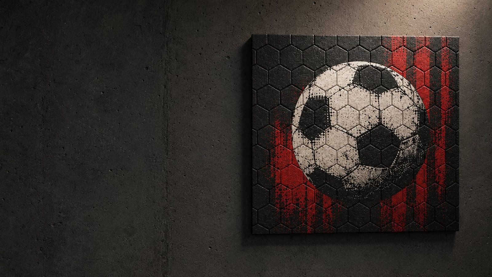 PLYRS football wall art panel with a hexagon pattern, lit on a concrete wall